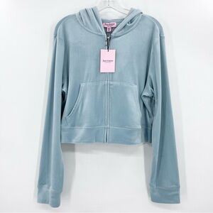 NWT Juicy Couture Bling Embellished Velour Zip-Up Hoodie Y2K Light Blue XL